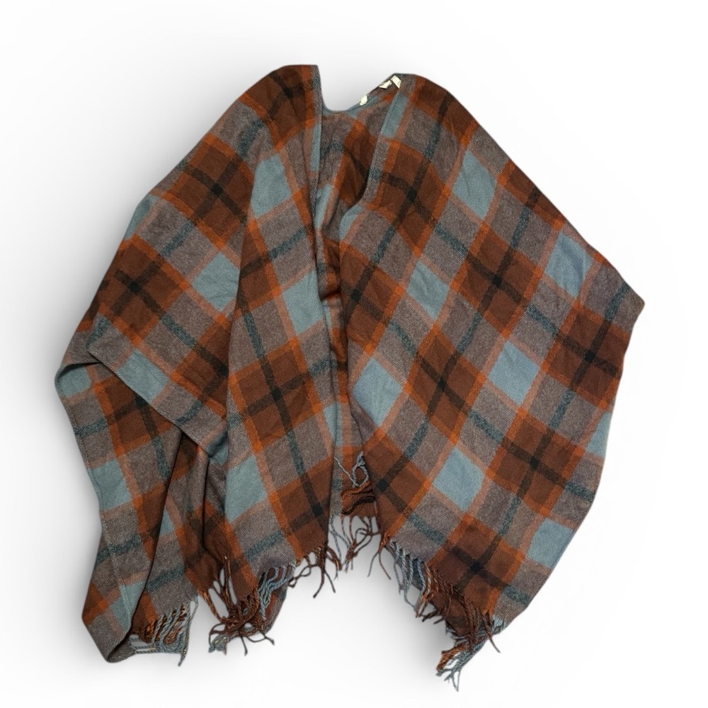 Soft Surroundings Checkmate Plaid Poncho Shawl Fringe Hem One Size